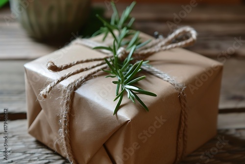 A beautifully wrapped gift using recycled brown kraft paper, tied with natural jute twine, adorned with a sprig of rosemary for a rustic touch.