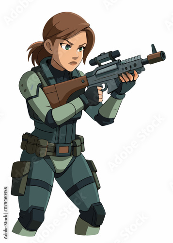 Serious female soldier aiming assault rifle with tactical gear. Vector illustration of isolated professional woman military officer in uniform.