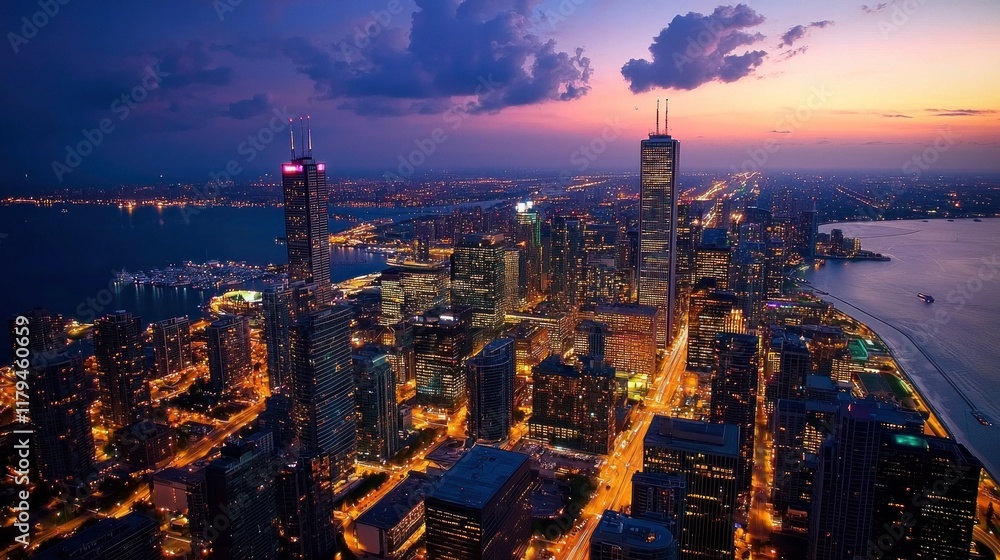 Obraz premium Chicago Cityscape at Dusk: A Stunning Aerial View of the Magnificent Mile and Lake Michigan