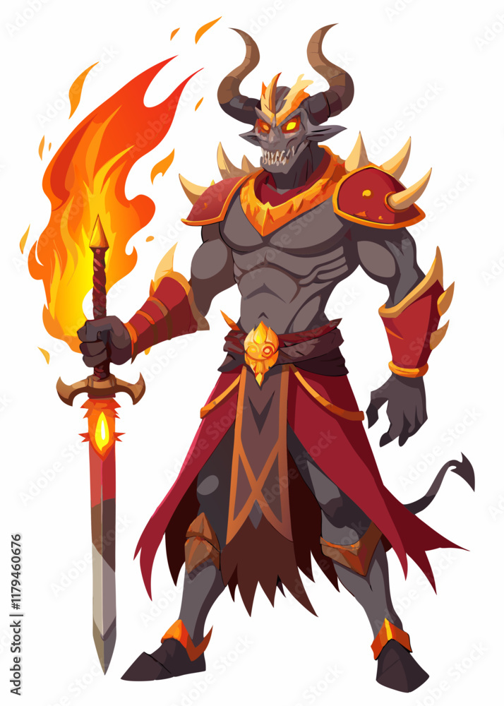 Fototapeta premium Demon warrior with a massive flaming sword, dark armor, horns, and intense expression. Powerful character, gaming vector illustration.
