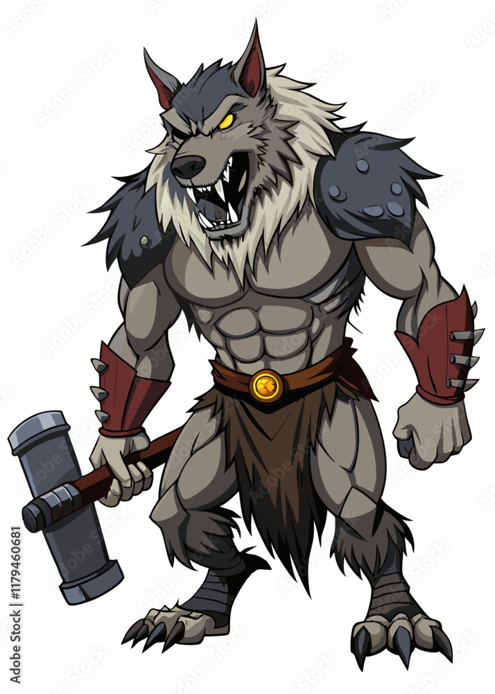 Fototapeta premium Werewolf with giant steel hammer, cracked hammer head, fur-covered limbs, isolated gaming character vector illustration