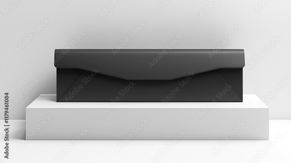 Black Rectangular Case on White Platform, Minimalist Studio Background, Product Mockup. Black Rectangular Case on White Platform, Minimalist Studio Background, Product Mockup.
