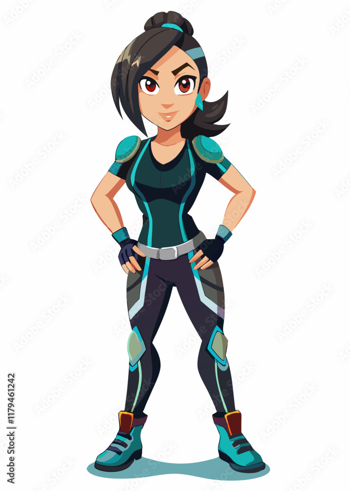 Gaming style vector illustration of female character, isolated standing pose, modern trendy design, action-filled girl character in dynamic pose Gaming style vector illustration of female character, isolated standing pose, modern trendy design, action-filled girl character in dynamic pose