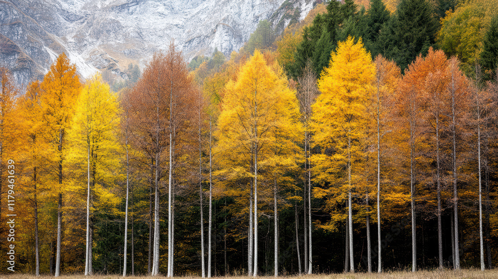 Fototapeta premium Vibrant autumn landscape with colorful trees and mountains in background