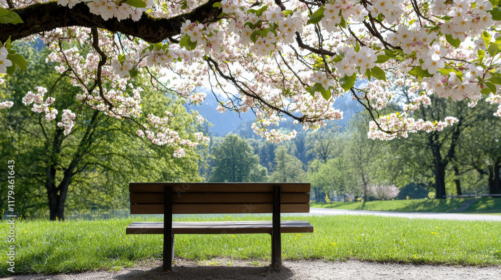 serene park scene featuring wooden bench under blooming cherry blossoms serene park scene featuring wooden bench under blooming cherry blossoms