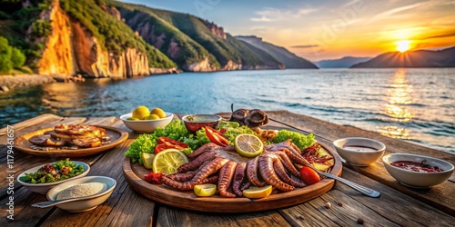 Delicious Seafood Feast overlooking Hamsilos Bay, Sinop, Turkey's only fjord. Breathtaking coastal scenery meets fresh, flavorful cuisine. photo