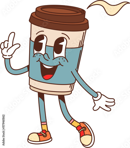 Cartoon groovy fast food coffee cup character. Street cafe hot coffee disposable cup with lid happy character. Takeout latte, cappuccino or espresso beverage groovy isolated vector cute personage