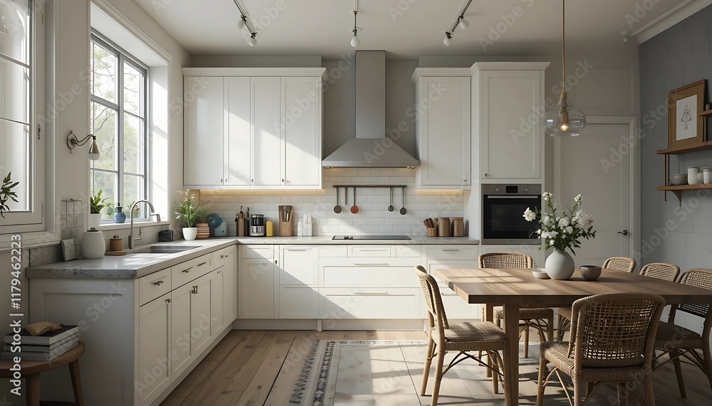 Fototapeta premium Urban Energy-Inspired Kitchen with White Cabinets, Dining Table, and Anglocore Details
