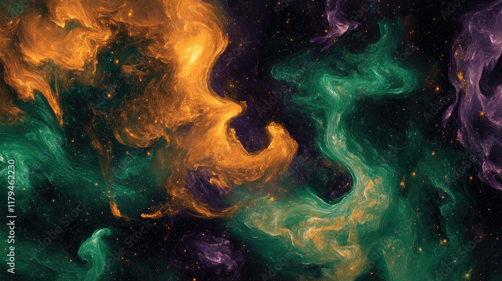 Fototapeta premium A cosmic-themed background with swirling green, orange, and purple nebula-like patterns, evoking a sense of mystery and the vastness of space
