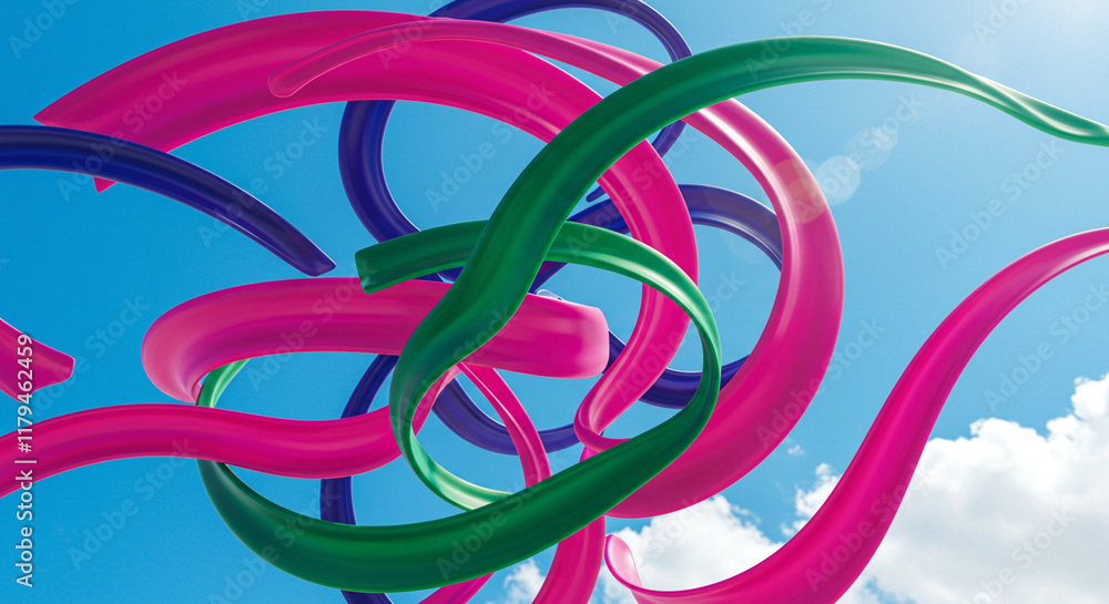 Colorful ribbons flying in the air with bright sun and sharp colors, abstract scenery, generative AI Colorful ribbons flying in the air with bright sun and sharp colors, abstract scenery, generative AI