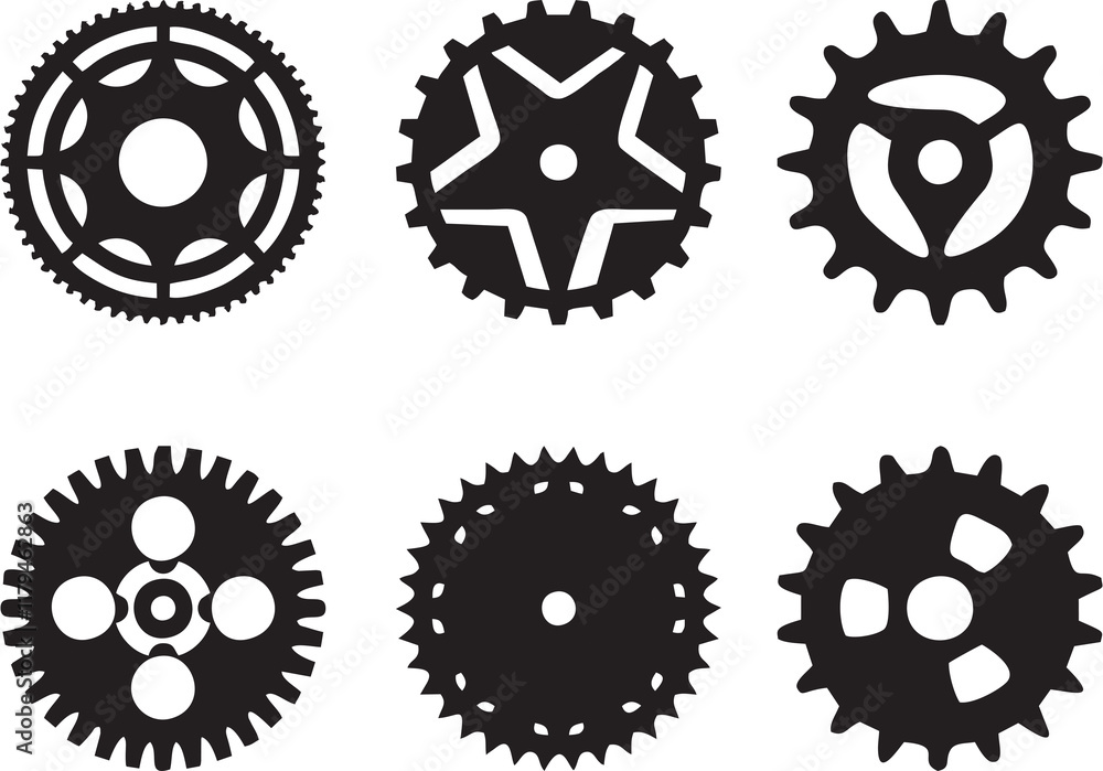 Hand drawn realistic 3d gear and bicycle stars. Industrial profiled wheel with teeth that engages with a chain. Transmission cogwheels and gears for machines. Hand drawn realistic 3d gear and bicycle stars. Industrial profiled wheel with teeth that engages with a chain. Transmission cogwheels and gears for machines.