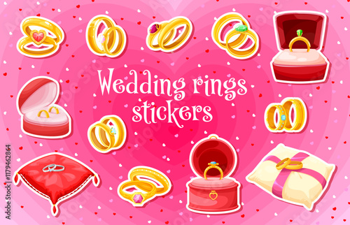 Stickers pack of wedding and marriage rings, engagement jewelry vector set. Cartoon gold wedding rings with diamond, sapphire and emerald gems, gift boxes and display pillows, marriage jewelry sticker