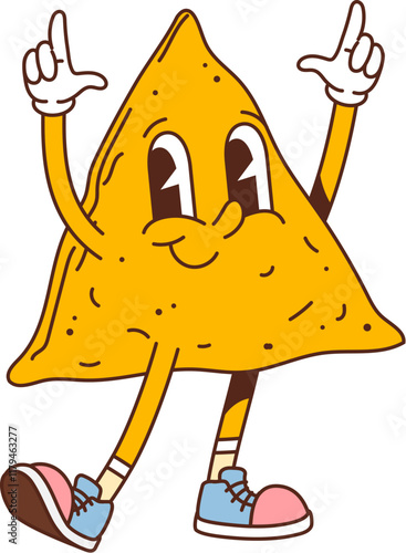Cartoon groovy fast food nachos chip character. Mexican fast food salty snack happy smiling isolated cartoon personage. Tex Mex cuisine cafe triangular nacho corn chip 60s 70s groovy vector character