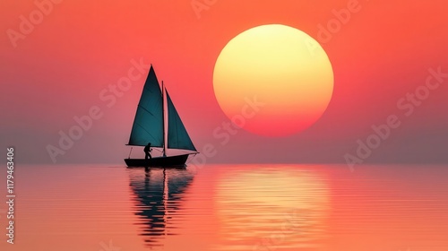 Sailor adjusting sails on a small boat, charting a course against the setting sun, focus, goalsetting, direction