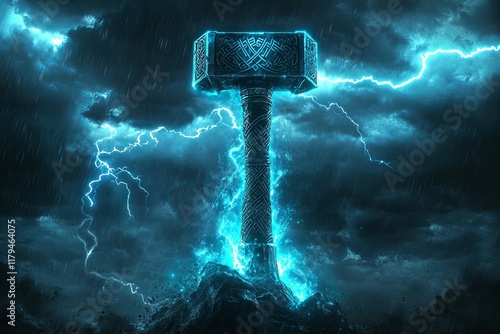 Mythical Hammer: Stormy Night, Celestial Energy, Dark Fantasy Art