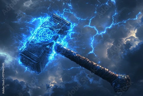 Mythical Hammer: Electrifying Power, Dramatic Sky, Dark Fantasy Art
