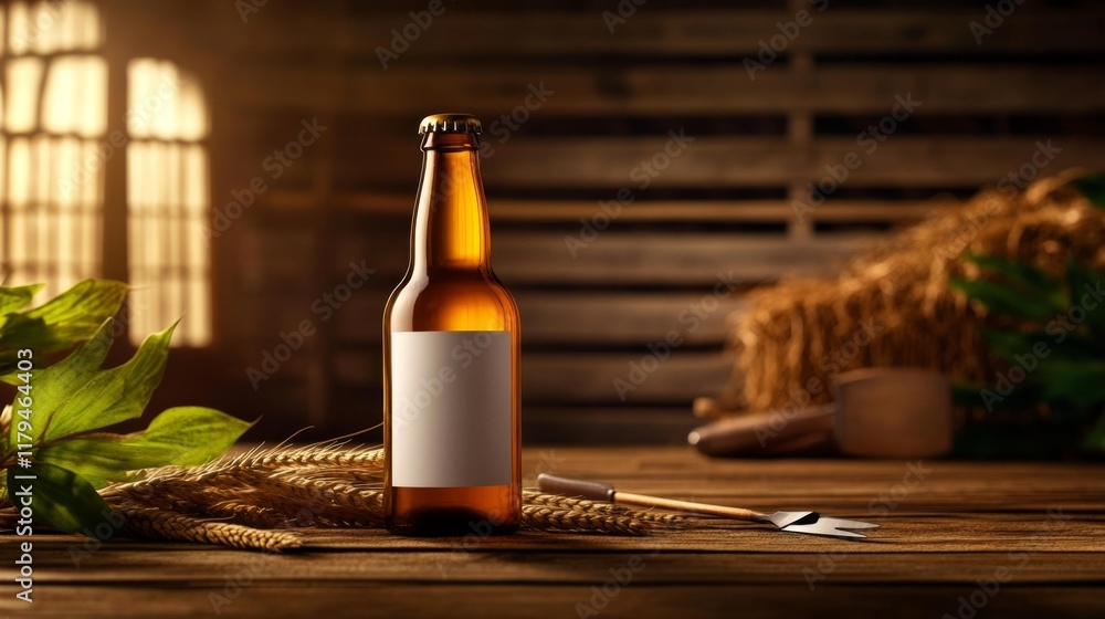 Fototapeta premium Rustic Beer Bottle Mockup in Farmhouse Setting. Generative AI