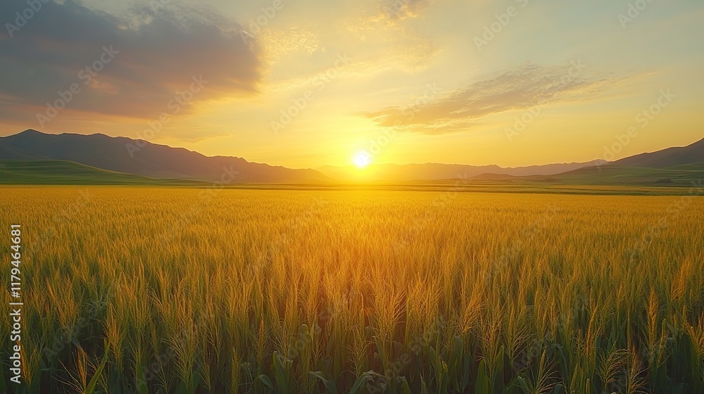 Golden wheat field at sunset with mountains in the background. Golden wheat field at sunset with mountains in the background.