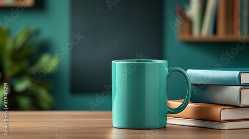 Teal Mug on Wooden Table. Generative AI photo