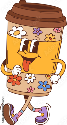 Cartoon groovy coffee disposable cup character. Street cafe takeout coffee retro cartoon vector personage. Takeaway espresso or latte beverage disposable paper cup mascot with daisy flowers print