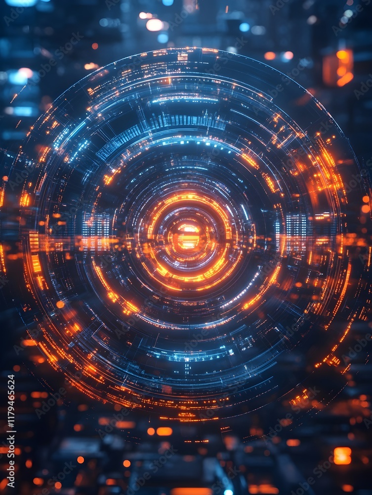 A futuristic HUD (heads-up display) with glowing concentric circles and data overlays. A futuristic HUD (heads-up display) with glowing concentric circles and data overlays.