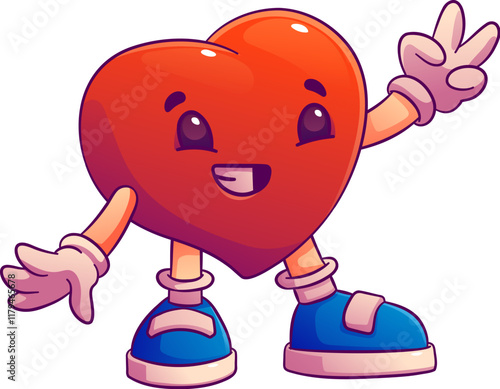 Cartoon groovy heart Valentines day love character with a bright smile and expressive eyes flashing peace gesture. Isolated vector cute and playful retro personage captures upbeat and happy y2k vibe