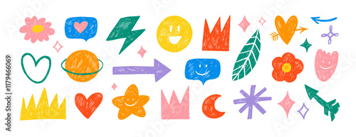 Funky naive doodle shapes and stickers in colorful kid's style. Crayon drawn doodle shapes and figures for childish collages. Hand drawn naive, bizarre abstract sticker shapes and forms.