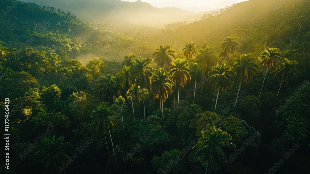 A serene landscape of lush palm trees amidst a misty mountainous backdrop at dawn. A serene landscape of lush palm trees amidst a misty mountainous backdrop at dawn.