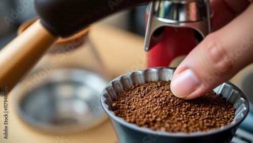 Hand adding ground coffee to a filter photo