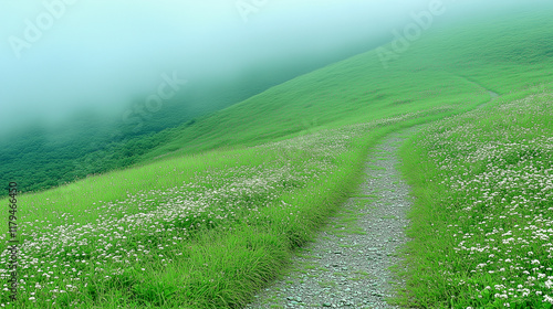 Foggy Path Through Lush Green Meadow.. photo