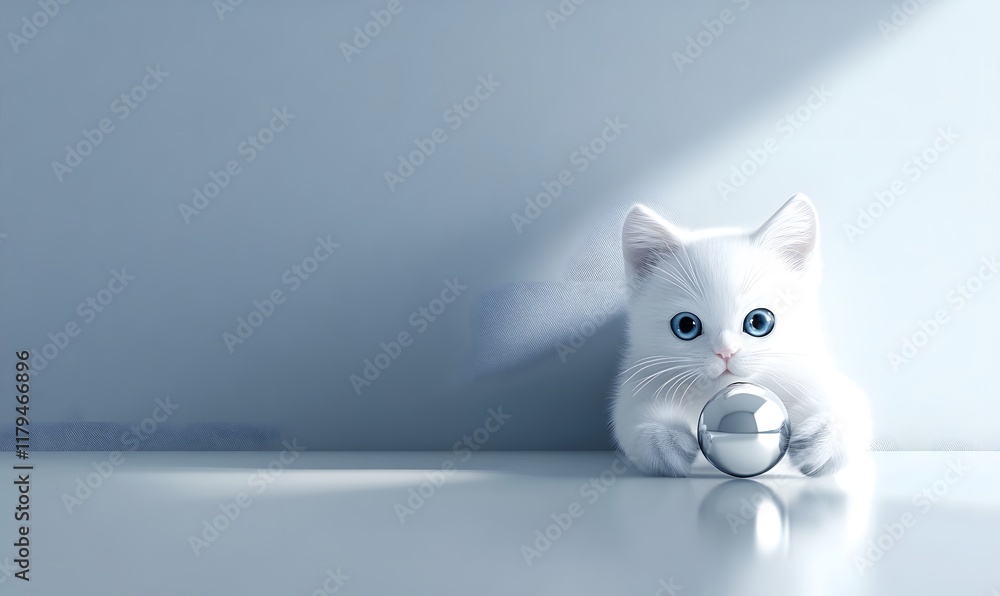 Adorable white kitten playing with a shiny sphere. Adorable white kitten playing with a shiny sphere.
