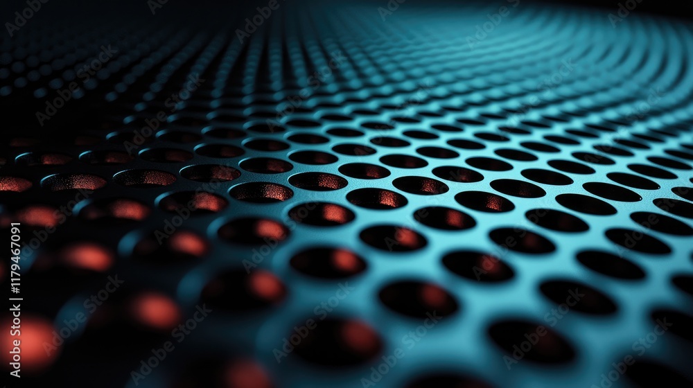 Fototapeta premium Abstract Metal Texture: Teal and Orange Perforated Grid Background. Perfect for technology, industrial, and modern design projects. High-resolution image for impactful visuals.