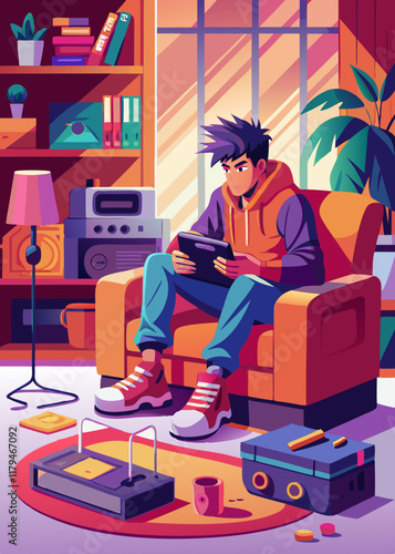 アニメの男は居心地の良いリビング ルームでタブレットを使ってソファでリラックスしています。暖かく快適な家庭環境でデジタルコンテンツを楽しむ若い男性キャラクター、ベクトルイラスト。