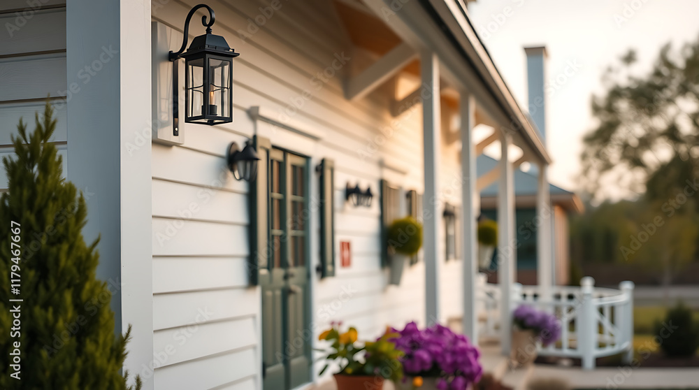 Obraz premium Exterior view of a white clapboard house with a porch, featuring black lanterns, green doors, and potted purple flowers. The setting is suburban, with landscaping visible.