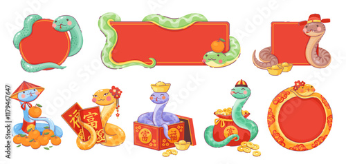 Chinese lunar new year snakes with holiday banners and decorations celebrating Cny 2025, surrounded by red and gold frames, mandarin fruits, gold coins, and traditional symbols of prosperity and luck
