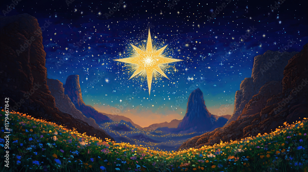 Fototapeta premium watercolor illustration of hills with starry night sky and Star of Bethlehem