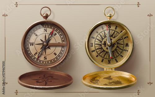 Realistic nautical bronze and brass sea compass, wind rose and star arrows, vector vintage navigation equipment. 3d realistic old compasses with open lids, world map and fleur de lis ornaments