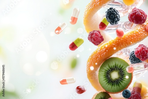 Vibrant dna strand intertwined with colorful fruits and capsules nature graphic design bright environment abstract concept photo