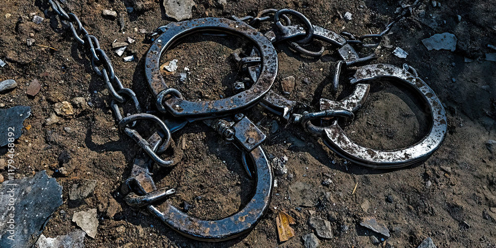 Rusty Metal Shackles and Chain on Soil Rusty Metal Shackles and Chain on Soil