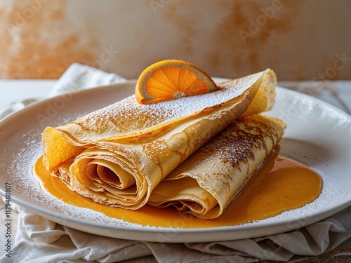 Traditional Crêpe Suzette with Orange Sauce and Powdered Sugar Topping