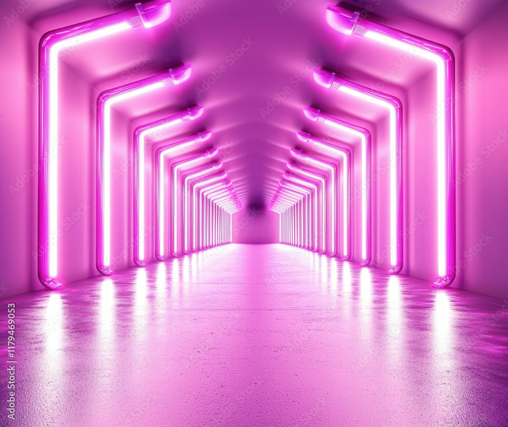 Fototapeta premium Futuristic corridor with vibrant pink neon lights creating glowing ambiance