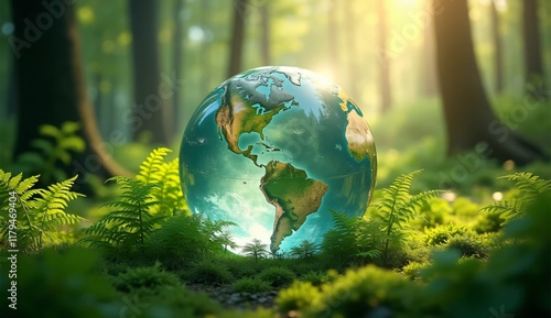 A glass globe in the middle of leaves, forests and grasses, symbolizes the preservation of a sustainable environment. photo