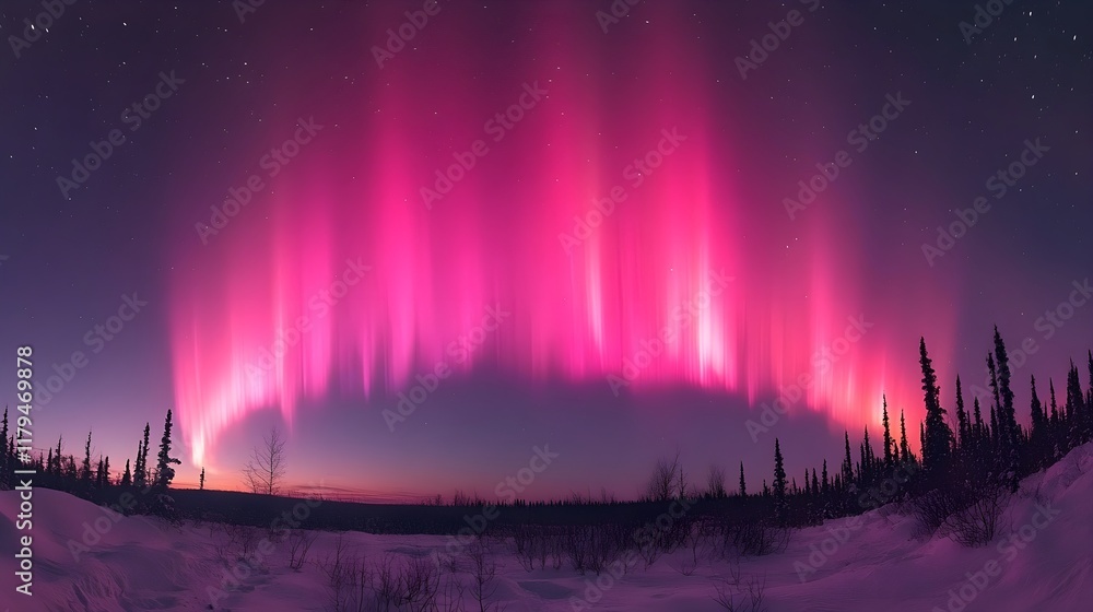 A glowing aurora borealis stretching across a clear Arctic sky. A glowing aurora borealis stretching across a clear Arctic sky.