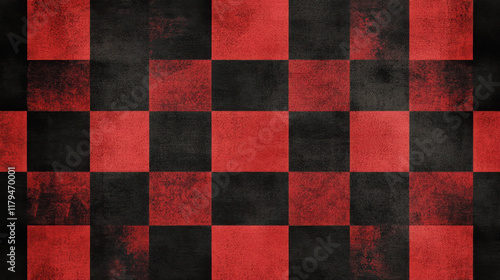 Red and black checkered pattern background.