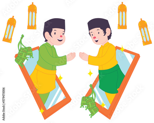 Ramadan forgiveness two people apologizing via phone reflection, with ketupat and lantern ornaments.