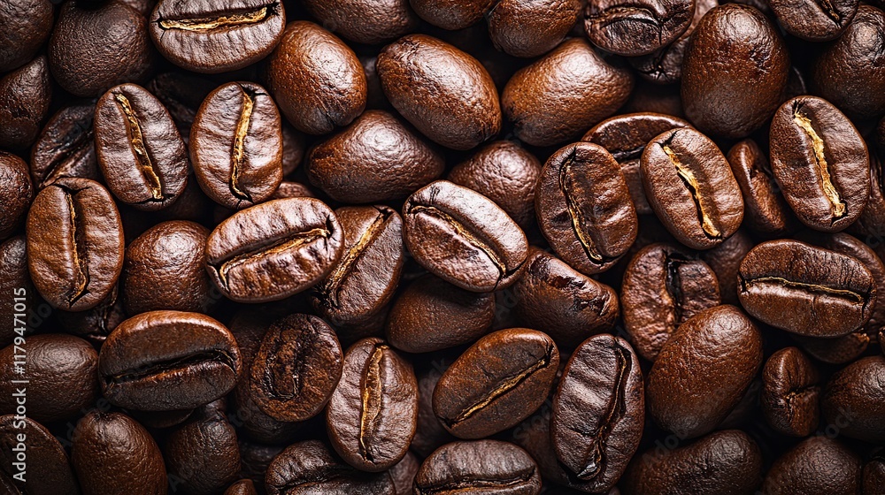 Obraz premium Close-up of roasted coffee beans, rich brown color, showing texture and detail.