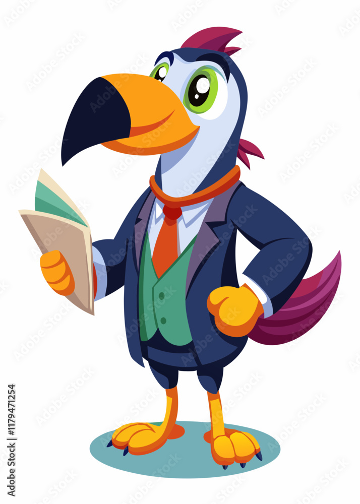 Fototapeta premium Toucan in a suit reviewing contract document. Sophisticated business bird in formal suit holding paperwor