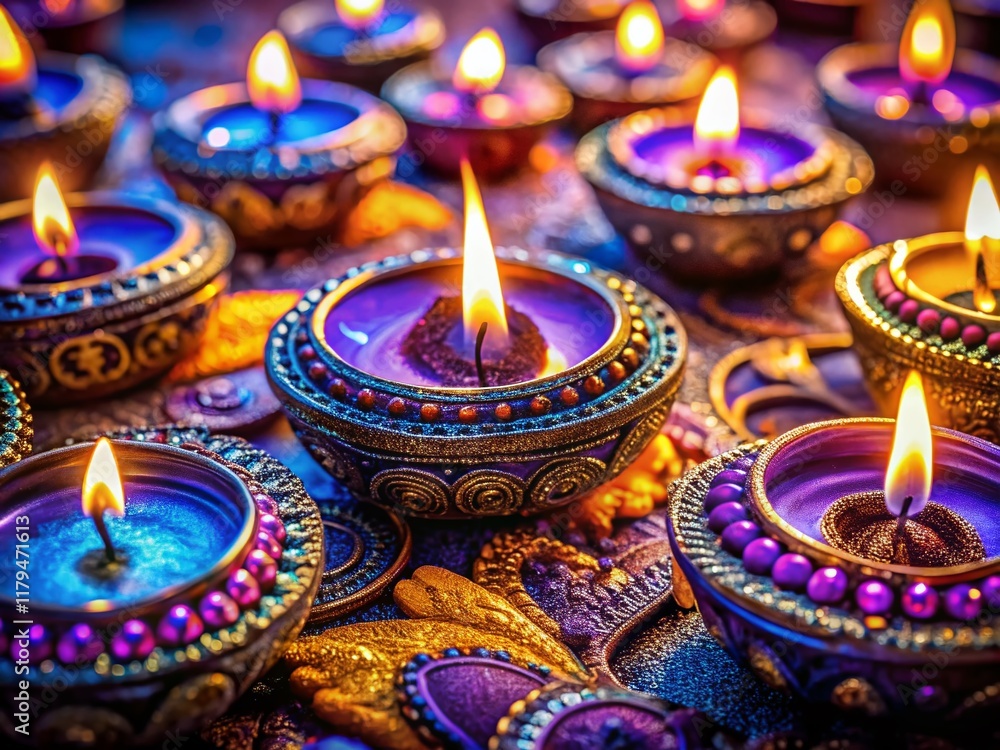 Diwali Festival of Lights: Ornate Purple, Gold, & Blue Candles Glow Diwali Festival of Lights: Ornate Purple, Gold, & Blue Candles Glow