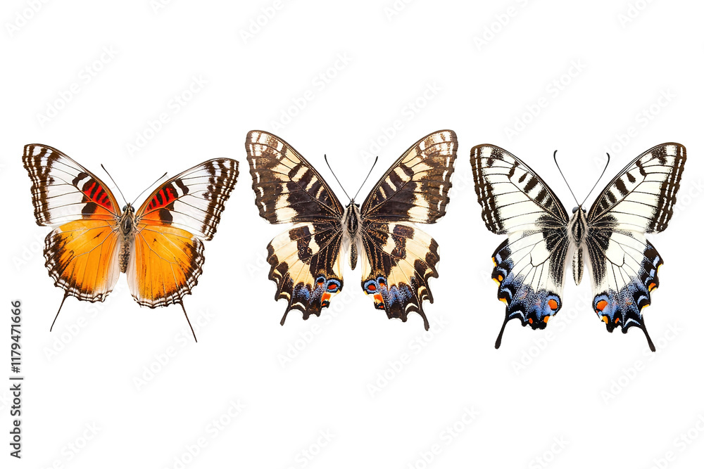 Fototapeta premium Three butterflies are shown in a row, with the middle one being the largest. on transparent background.