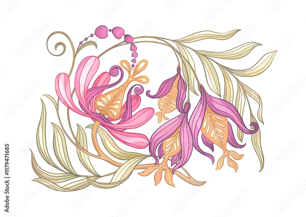 Fototapeta premium Fantasy flowers in retro, vintage, jacobean embroidery style. Clip art, set of elements for design Vector illustration.